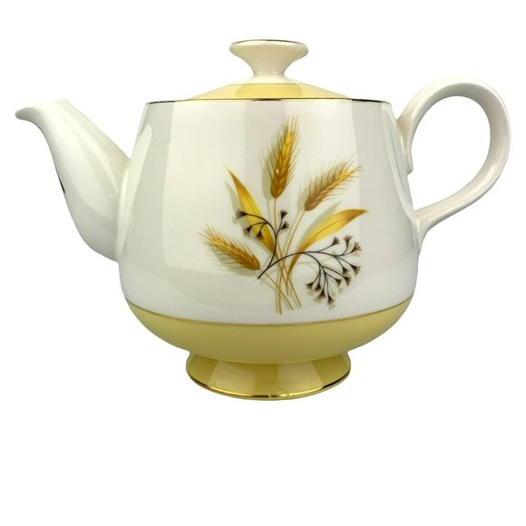 Vtg Teapot Century Service Autumn Gold Wheat Yellow White Fall Homer Laughlin - Picture 3 of 11